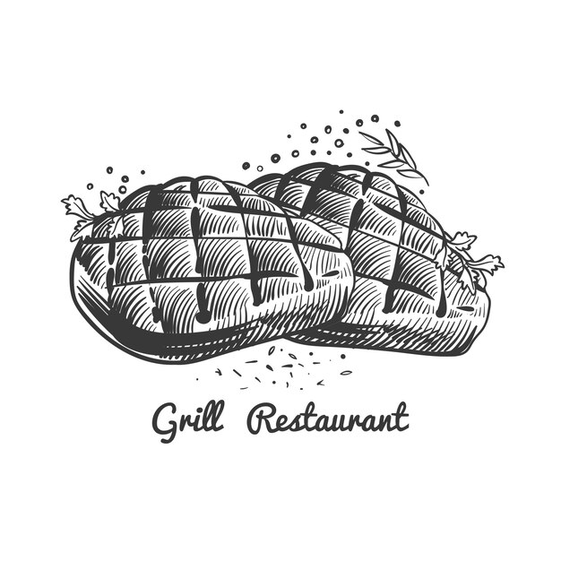 Restauracja Z Grillem, Steak House Ilustracja Z Ręcznie Rysowane Steki I Pikantne