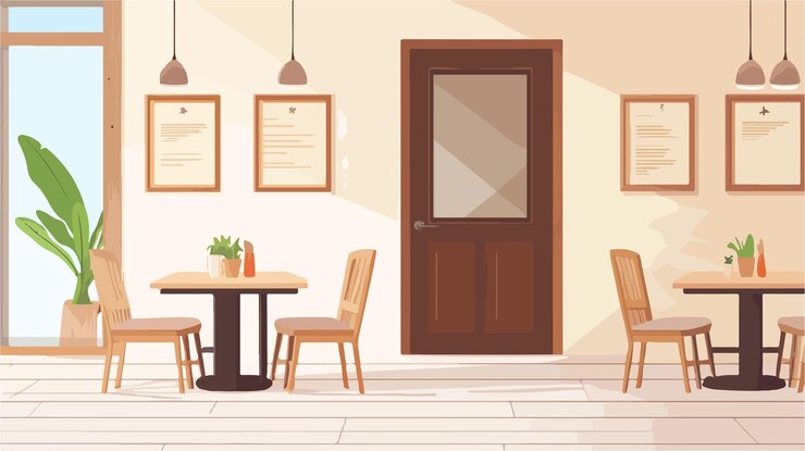 Wektor restauracja z owocami morza wnętrze sklepu mockup arch drzwi