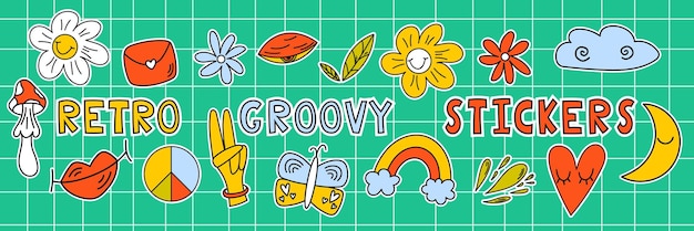 Retro 70s Groovy Elementy śliczne Hipisowskie Naklejki Groovy Hippie 70s Zestaw Zestaw Naklejek Retro Naklejki Wektorowe Grzyby Kwiaty Motyl Siusiu Tęcza Serce Chmura Usta