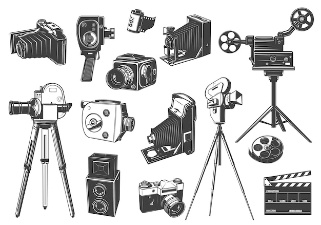 Retro aparaty fotograficzne i filmowe, ikony projektora kinowego.