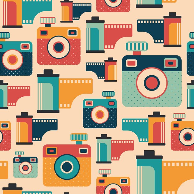 Retro aparaty fotograficzne i filmy bez szwu wzór.