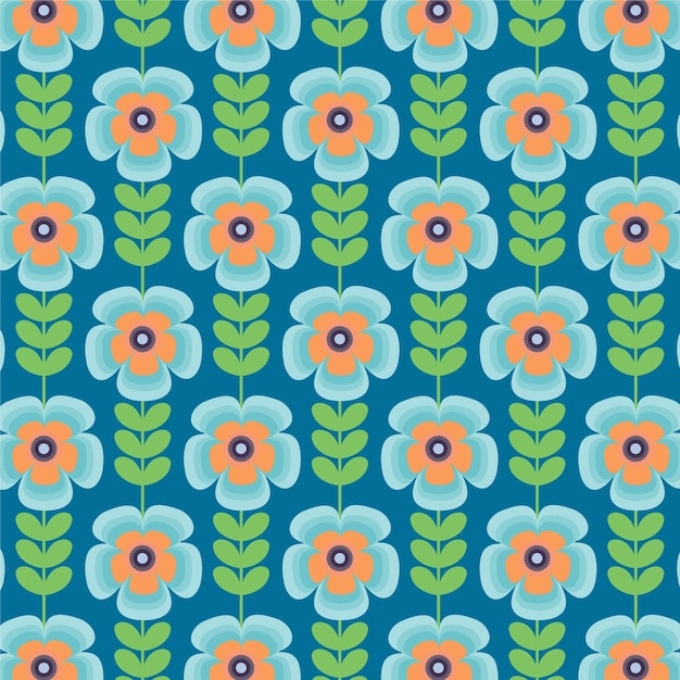 Plik wektorowy retro bezszwowy wzór z kwiatem i liśćmi zielonym błękitem i pomarańcze