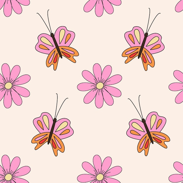 Retro Daisy Kwiaty I Motyle Wzór. Retro Kwiatowy Tło
