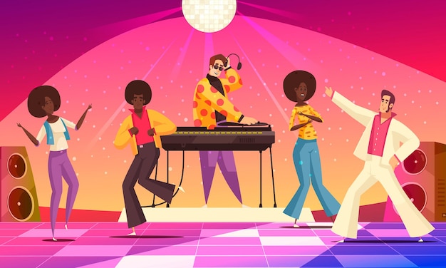 Retro disco party zabawa z ludźmi tańczącymi płaską ilustracją,