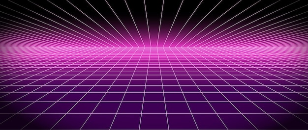 Retro futurystyczne tło sieci znikające w oddali Jasna neonowa różowa świecąca płytka podłoga