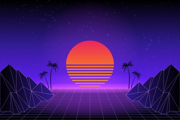 Retro futurystyczny krajobraz z palmami. Neonowy zachód słońca w stylu lat 80-tych. Synthwave retro tło. Kuchenka mikrofalowa. Ilustracja wektorowa