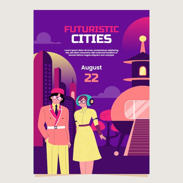 Retro-futurystyczny plakat w ręcznie narysowanym stylu