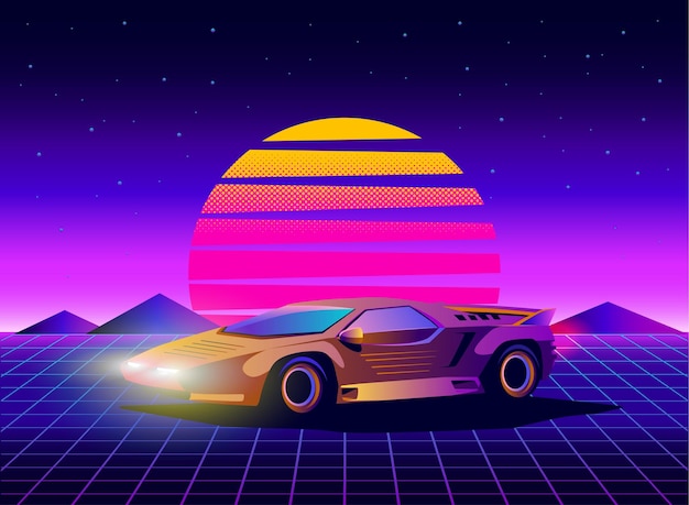 Retro futurystyczny widok z tyłu supersamochodu z lat 80. na modnym synthwave, vaporwave, tle zachodu słońca