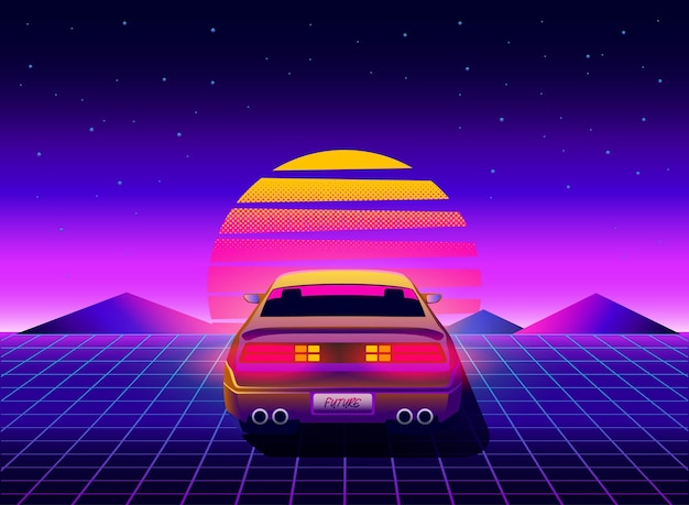 Retro futurystyczny widok z tyłu supersamochodu z lat 80. na modnym synthwave, vaporwave, tle zachodu słońca