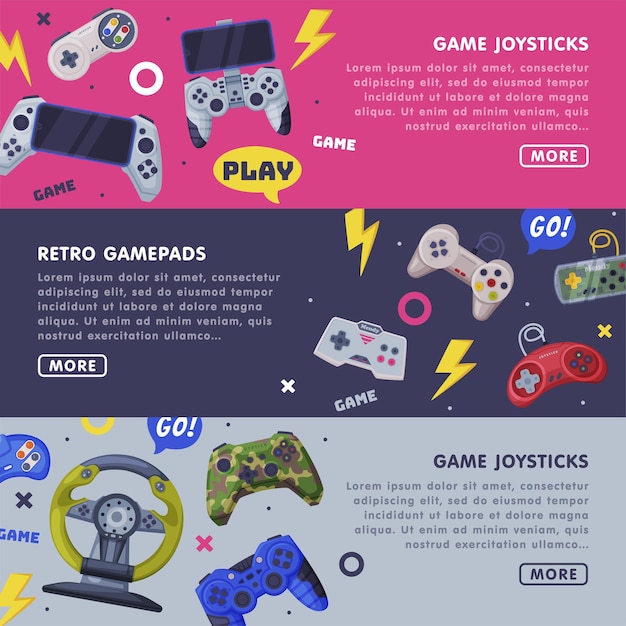 Retro Gamepads Landing Page Templates Design Set Game Joystick Horizontalne banery z przestrzenią na tekst i konsolę Kontrolery gier Ilustracja wektorowa
