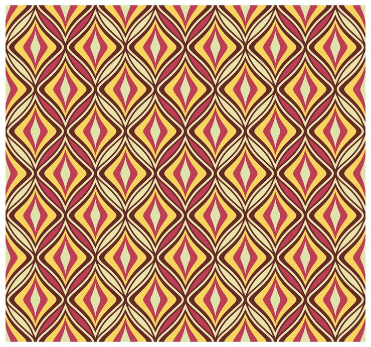 Wektor retro geometryczny wzór z powtarzającym się kształtem diamentu i piaskowca w żółtym, czerwonym i brązowym