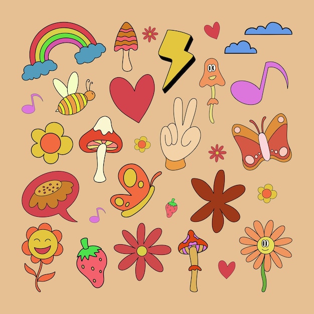 Retro groovy hippie set wektor