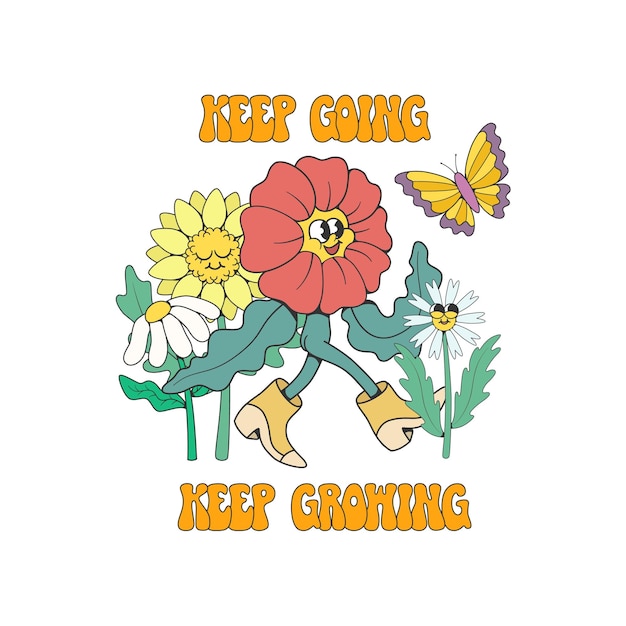 Retro groovy kwiat maskotka postać z cytatem