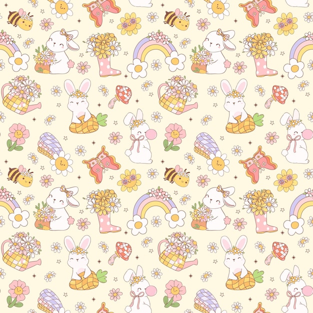 Retro Groovy Spring Bunny Doodle Seamless Pattern Playful Nostalgic kid Design izolowane tło