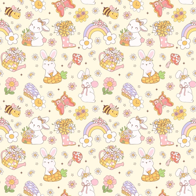 Plik wektorowy retro groovy spring bunny doodle seamless pattern playful nostalgic kid design izolowane tło