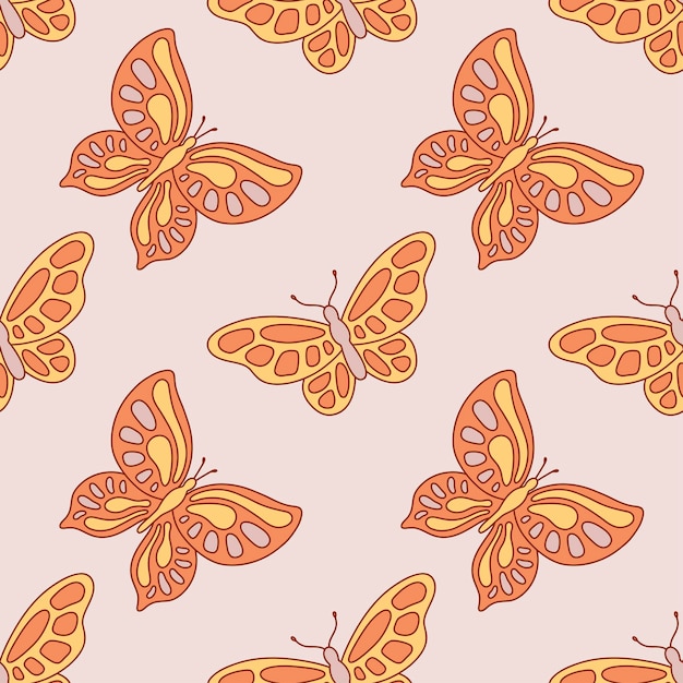 Retro hippie lato groovy motyl Wektor bezszwowy wzór Boho naturalne kolory retro motyle