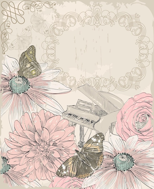 Retro ilustracja tła motyla i kwitnących letnich kwiatów