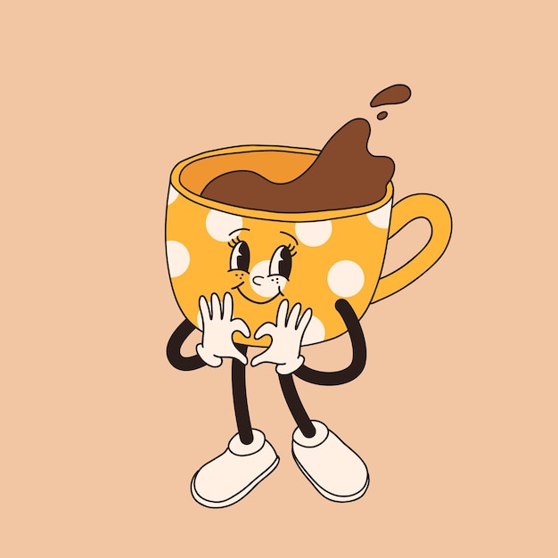 Plik wektorowy retro kreskówka filiżanka kawy postać mug maskotka w różnych pozycjach 60s 70s 80s groovy espresso kubek