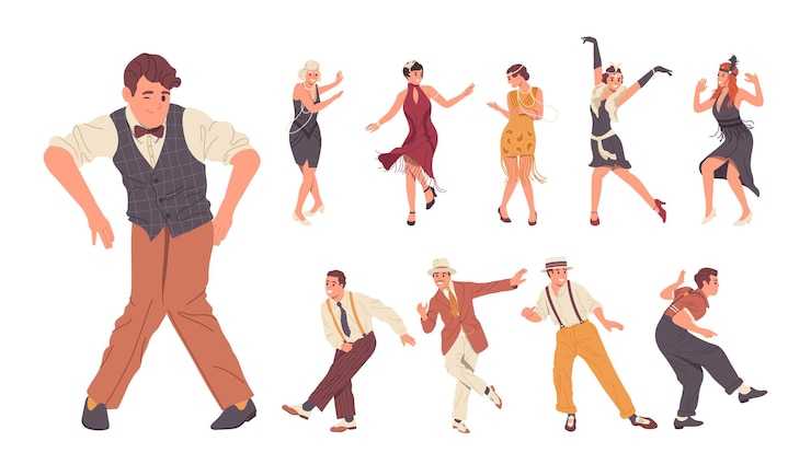 Wektor retro ludzie postacie z kreskówek noszące eleganckie klasyczne ubrania i garnitury tańczące swing lub charleston