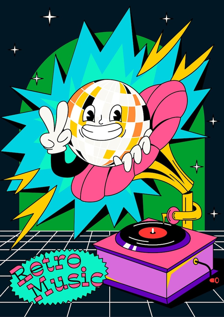 Wektor retro party poster abstrakcyjny flyer z piłką dyskoteką wyłaniającą się ze starego gramofonu
