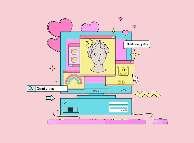 Retro pc z elementami interfejsu obiekty artystyczne statua emotikony serca Nowoczesny nostalgiczny styl vintage dla aplikacji społecznościowych i stron internetowych