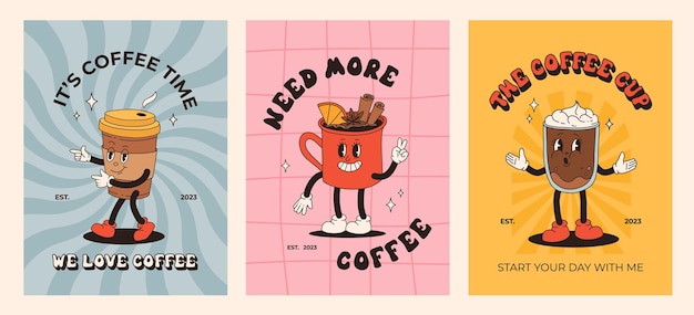 Plik wektorowy retro plakat zestaw z postaciami z kreskówek maskotka kawy śmieszne kolorowe doodle styl znaków cappuccino kakao latte espresso wektor ilustracja z elementami typografii