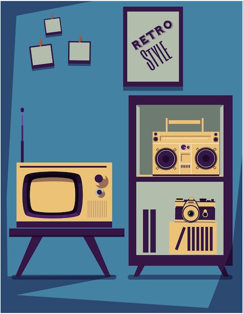 Retro projekt salonu Meble jak stary radio stary telewizor i stary aparat