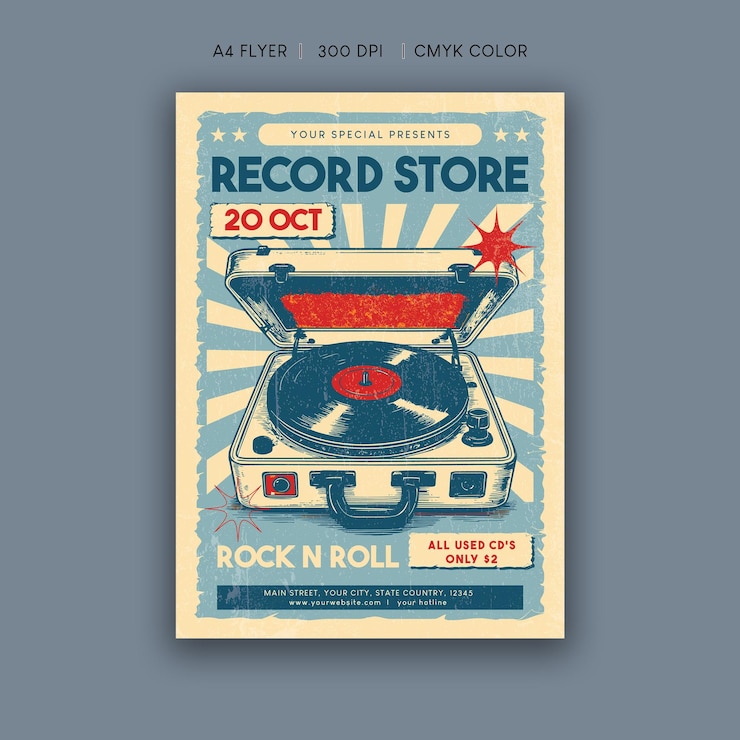 Wektor retro record shop lub store flyer