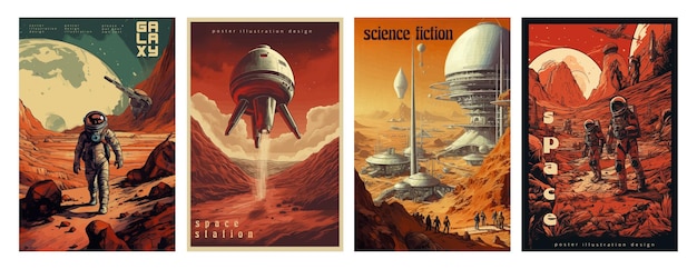 Plik wektorowy retro science fiction scena eksploracji kosmicznej na marsie i zestaw ilustracji posterów astronautów