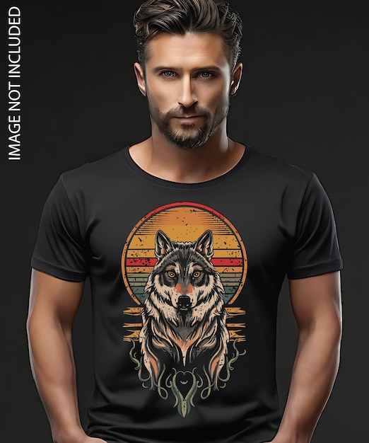Retro Styl Zachodu Słońca Dziki Wilk Koszulka Projekt Wolf Głowa Vintage Kontur Koszulka Do Drukowania