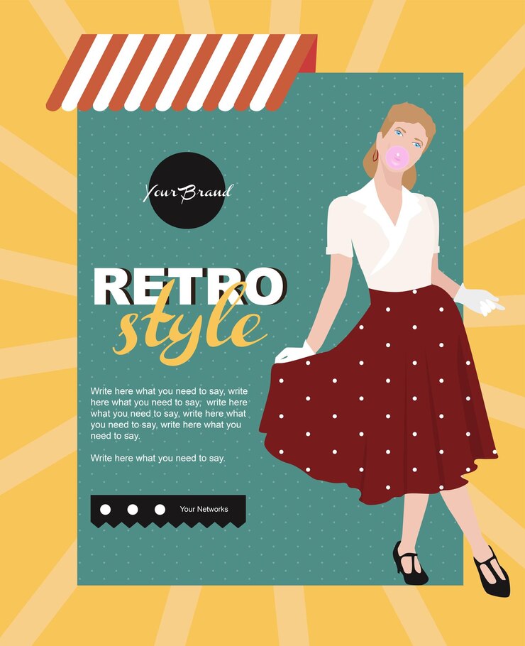 Wektor retro szablon ulotki sklep vintage stary styl kobieta kreskówka z lat 50.