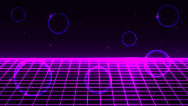 Retro tło futurystyczny krajobraz lat 80. styl neon światła perspektywy siatki streszczenie tło