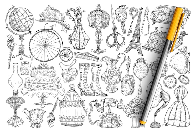 Retro vintage akcesoria doodle zestaw. Kolekcja ręcznie rysowane zabytkowe lampy, akcesoria, dekoracje, obuwie, ubrania, telefon, lustra, nożyczki, koła gramofonowe na białym tle