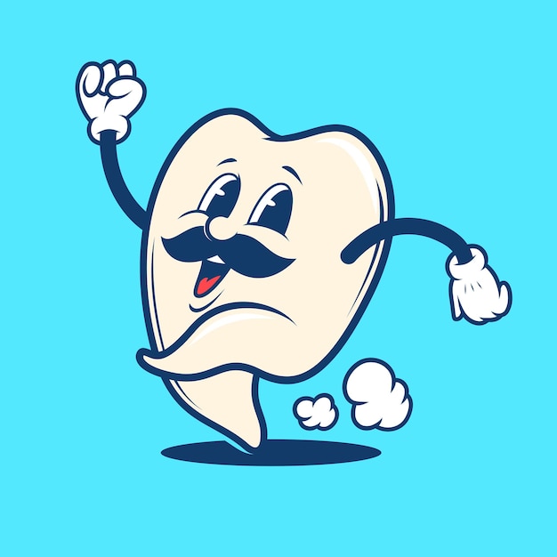 Plik wektorowy retro vintage bieganie zębów dentystycznych z wąsami kreskówka maskotka ilustracja logo