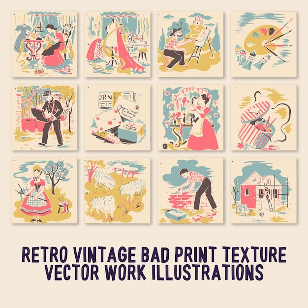 Retro Vintage Zły Druk Tekstury Ilustracje Wektorowe Elementy Graficzne Działają Ikony