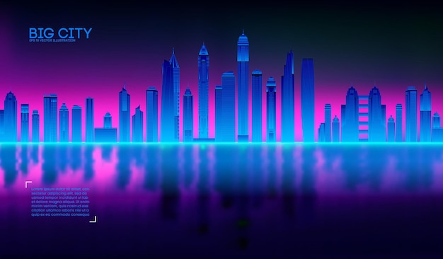 Retro Wave Background80s City80s Przyszłość Retro Syntezatorowa Ilustracja Zatoka Miejska Z Odbiciem W Wodzie