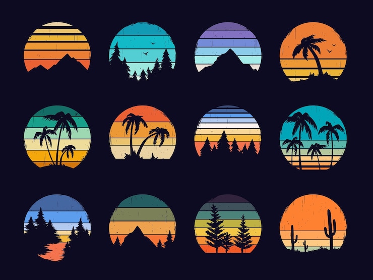 Wektor retro zachód słońca, paski zachody słońca w stylu lat 80-tych. streszczenie vintage wschód logo z lato plaża, góry, las krajobraz wektor zestaw. koncepcja turystyki lub podróży, logotyp przygody