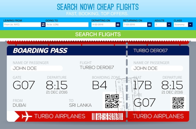 Plik wektorowy rezerwacja biletów szablon lotu. szukaj lotów. bilety szablonowe
