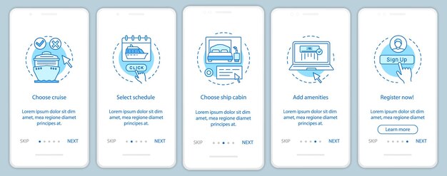 Rezerwacja rejsów online onboarding szablon wektora ekranu strony aplikacji mobilnej. Wybierz harmonogram, dodaj udogodnienia. Instruktażowe kroki strony internetowej z ilustracjami liniowymi. Koncepcja interfejsu smartfona UX, UI, GUI