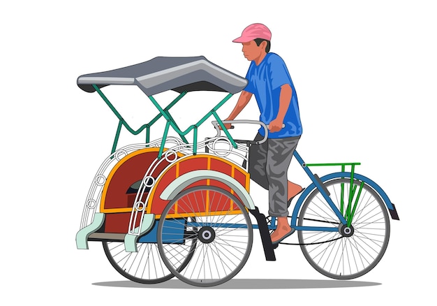 Rickshaw becak yogyakarta Izolowany na białym tle Odpowiedni do projektowania tła