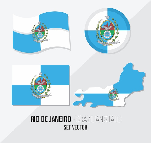 Rio de Janeiro Brazylia stan wektor zestaw Mapa symboli flagi i koło flagi
