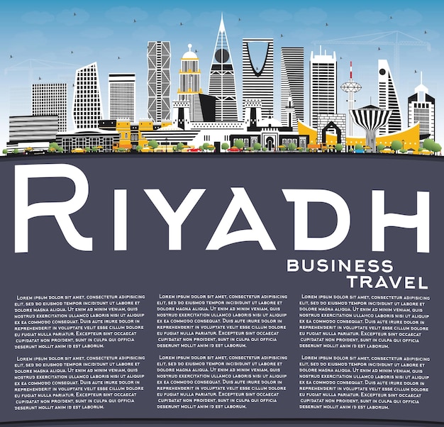 Riyadh Arabia Saudyjska Panoramę Miasta Z Kolorowymi Budynkami, Błękitne Niebo I Miejsce Do Kopiowania. Ilustracja Wektorowa. Podróże Służbowe I Koncepcja Z Nowoczesną Architekturą. Gród Rijad Z Zabytkami.