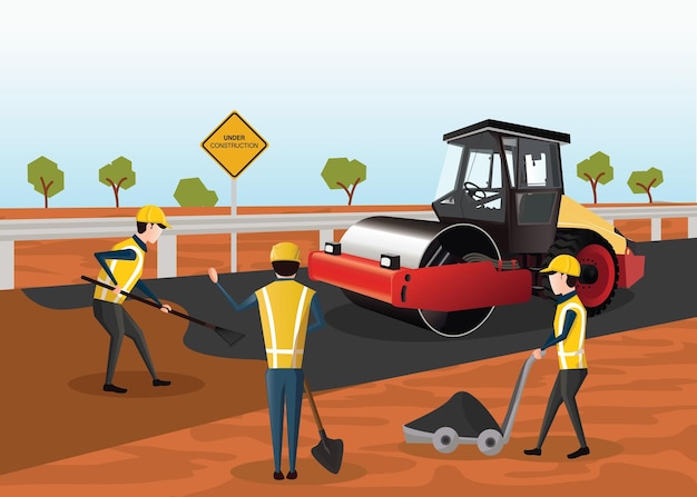 Road Construction Vector Proces budowy nowej drogi Walce drogowe pracujące na nowej drodze
