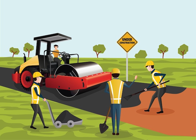 Road Construction Vector Proces budowy nowej drogi Walce drogowe pracujące na nowej drodze