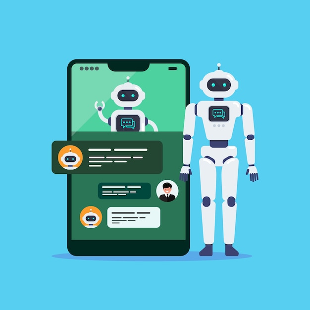 Plik wektorowy robot android i bot czatu na ekranie smartfona