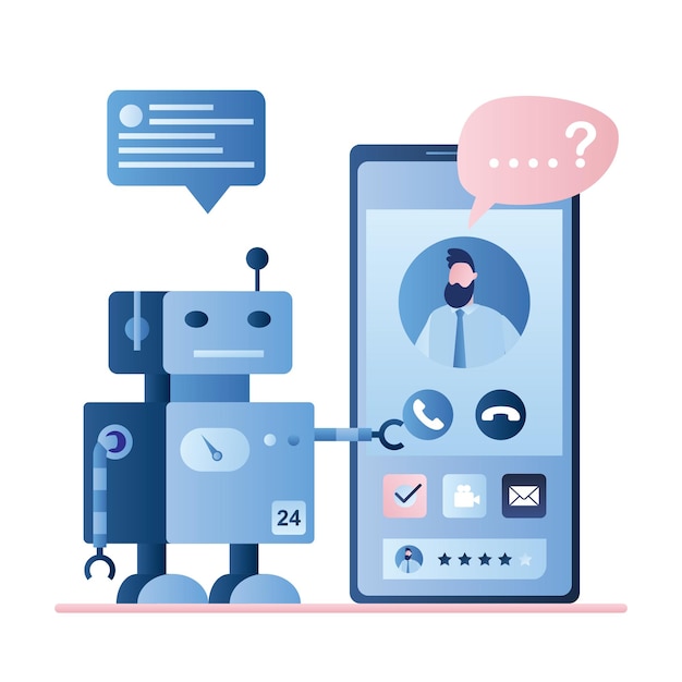 Robot Chatbot Usługa pomocy w dialogu Awatar użytkownika na ekranie smartfona i bot z komunikatem głosowym