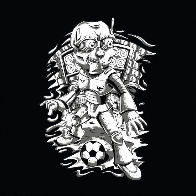 Robot grać w piłkę nożną czarno-biały ilustracja
