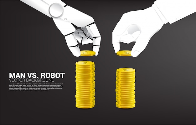 Robot I Ludzka Ręka Układają Monetę. Koncepcja Zakłócenia Działalności Gospodarczej I Ai Industrial