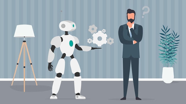 Robot oferuje rozwiązanie. Biznesmen z pytaniem. Koncepcja pracy zespołowej ludzi i robotów. Wektor.