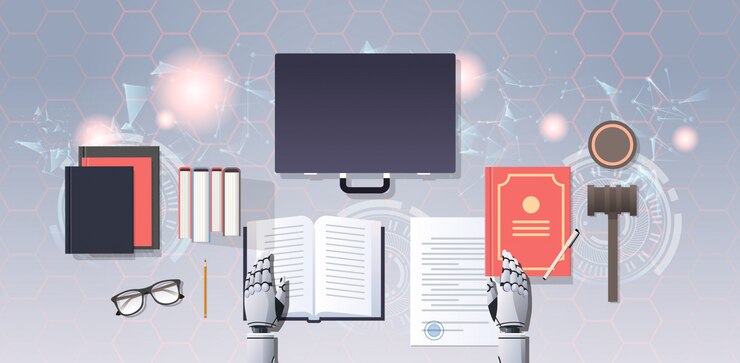 Wektor robot prawnik lub sędzia czytanie książki prawa humanoidalnego